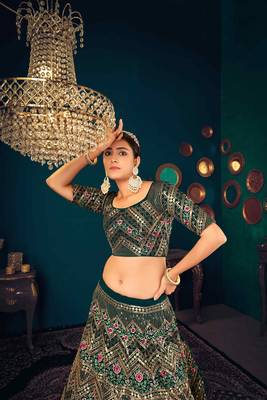 Dark Green Multi Thread, Sequins & Gota Patti Embroidered Georgette Semi Stitched Party Wear Ghagra Choli 4