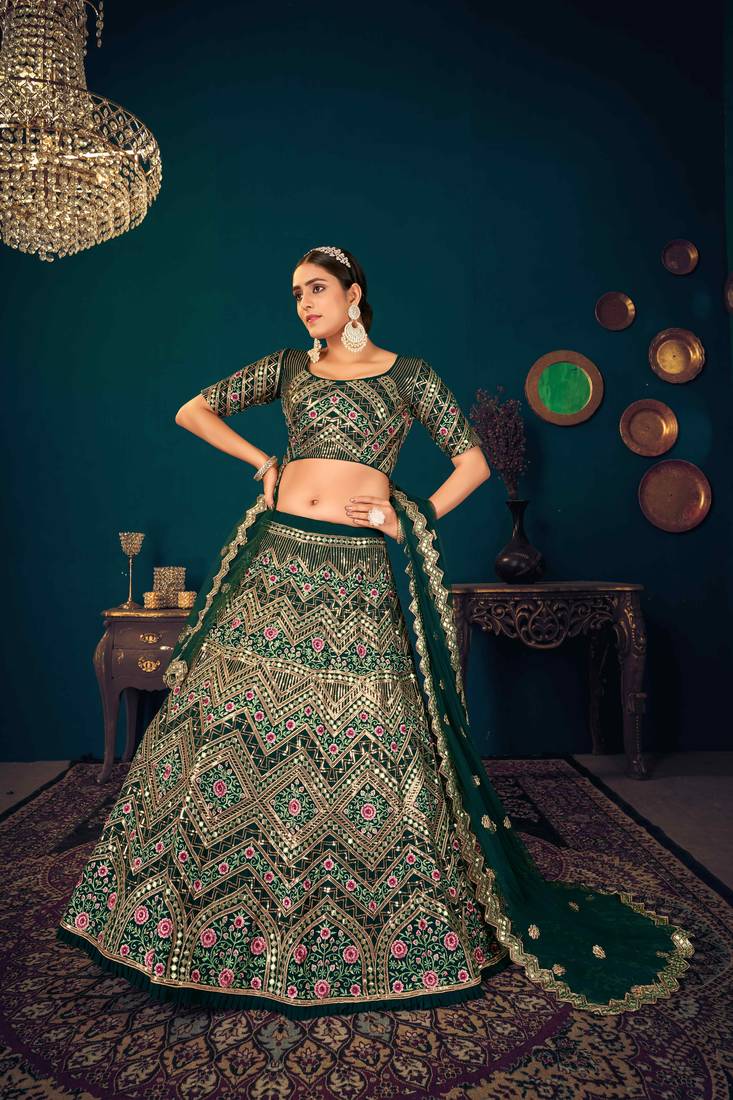 Dark Green Multi Thread, Sequins & Gota Patti Embroidered Georgette Semi Stitched Party Wear Ghagra Choli