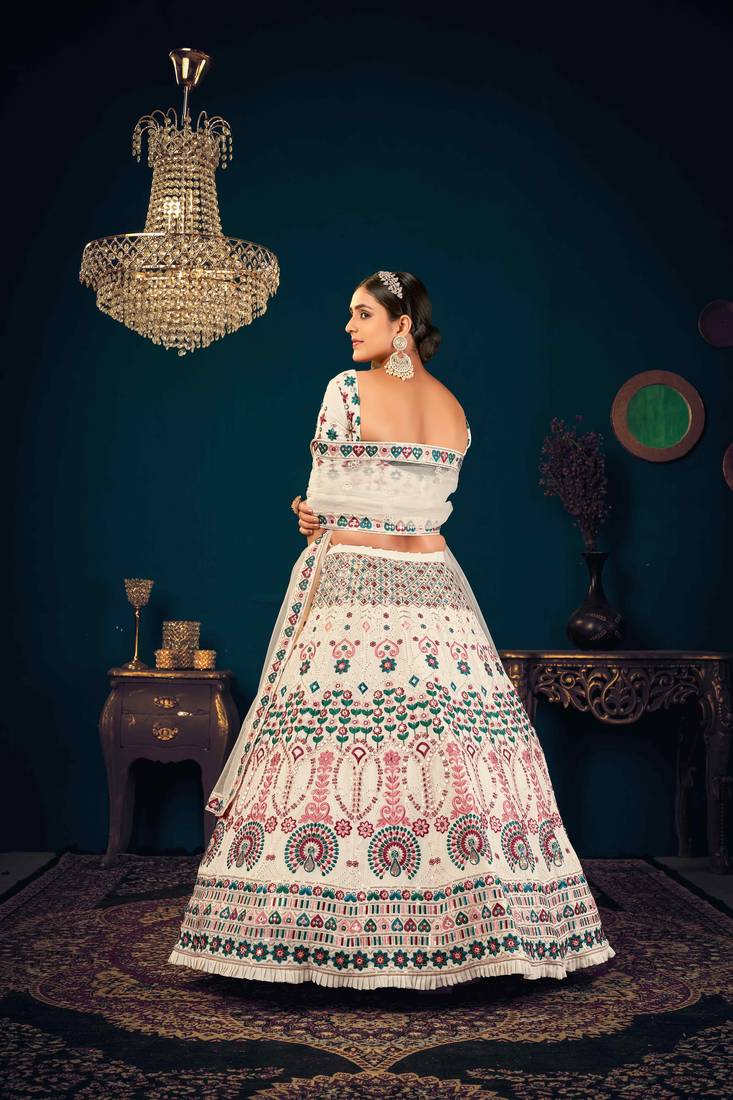 Pearl White Multi Thread And Sequins With Gota Patti Embroidered Georgette Wedding Lehenga Choli