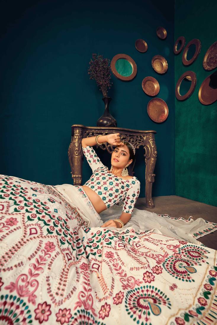 Pearl White Multi Thread And Sequins With Gota Patti Embroidered Georgette Wedding Lehenga Choli