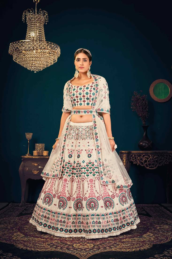 Pearl White Multi Thread And Sequins With Gota Patti Embroidered Georgette Wedding Lehenga Choli