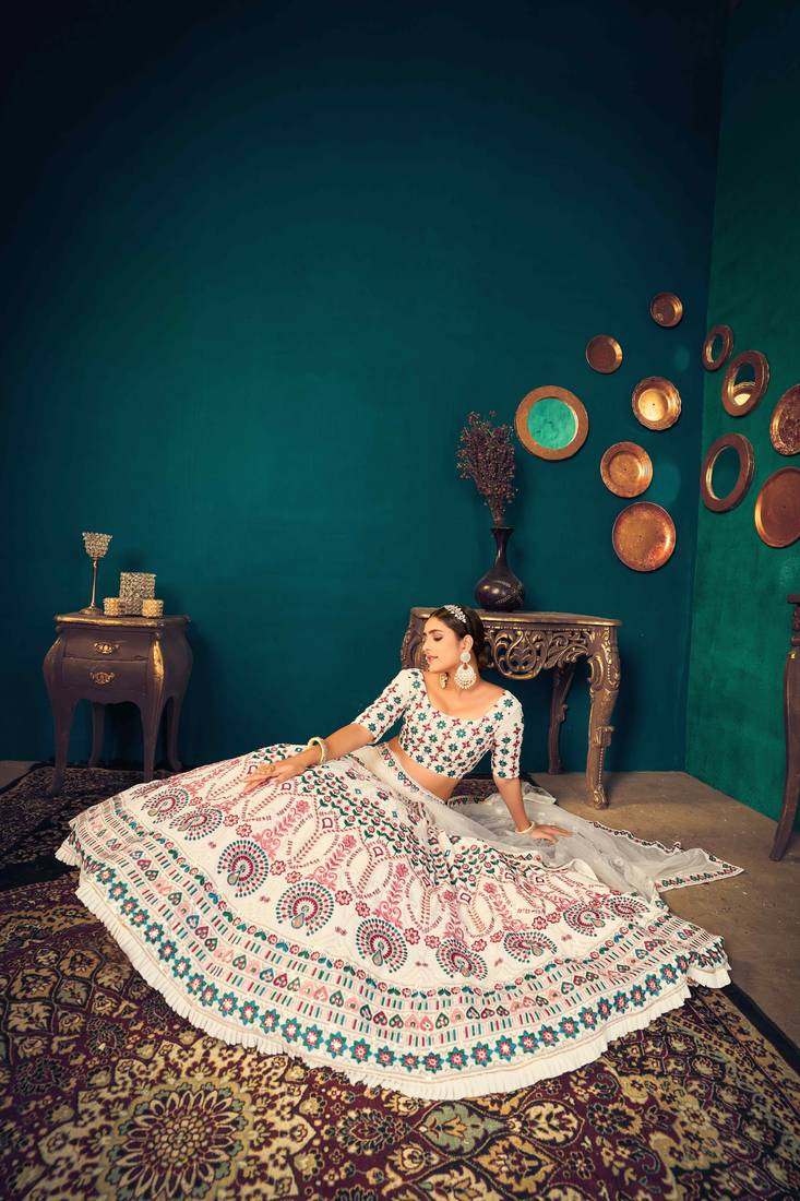 Pearl White Multi Thread And Sequins With Gota Patti Embroidered Georgette Wedding Lehenga Choli