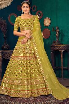Lime Green Multi Thread With Gota Patti Embroidered Georgette Semi Stitched Lehenga