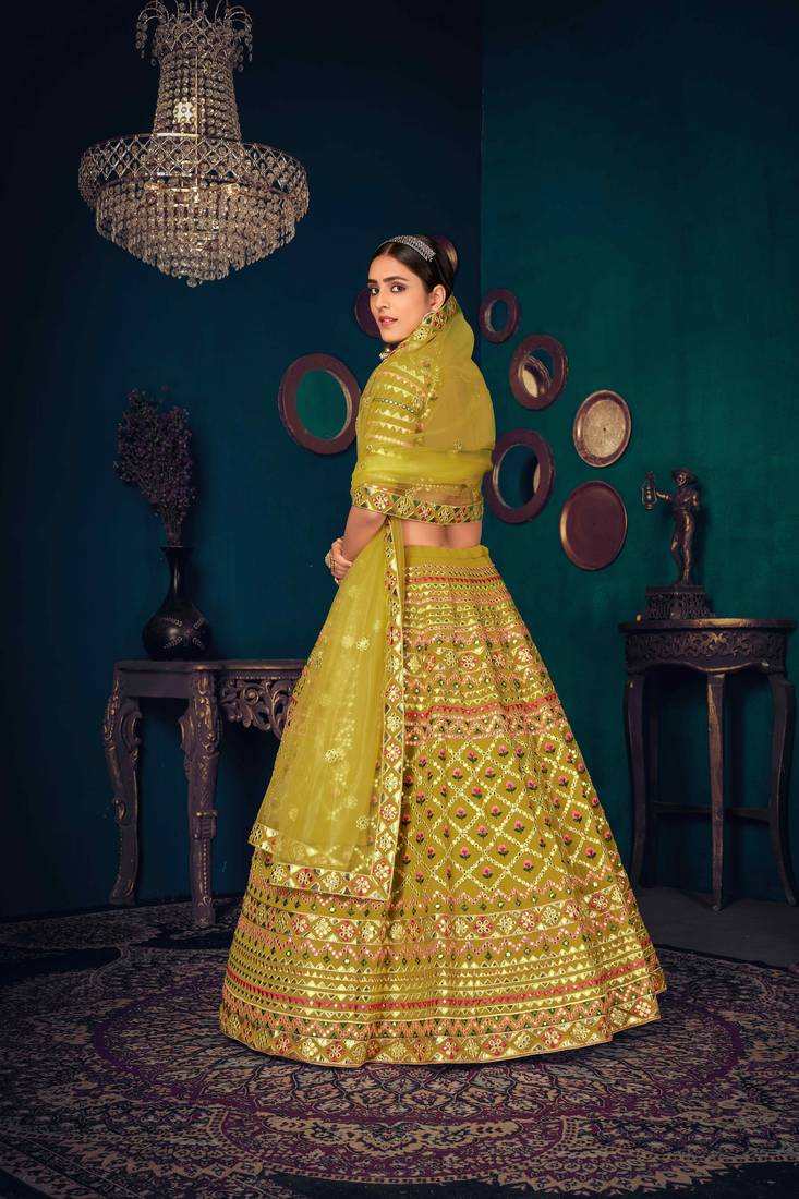 Lime Green Multi Thread With Gota Patti Embroidered Georgette Semi Stitched Lehenga