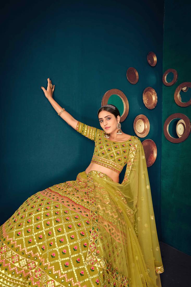 Lime Green Multi Thread With Gota Patti Embroidered Georgette Semi Stitched Lehenga