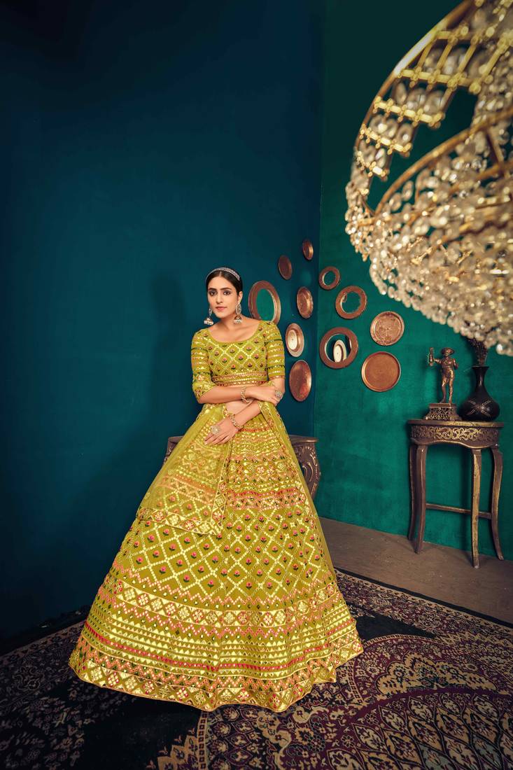 Lime Green Multi Thread With Gota Patti Embroidered Georgette Semi Stitched Lehenga