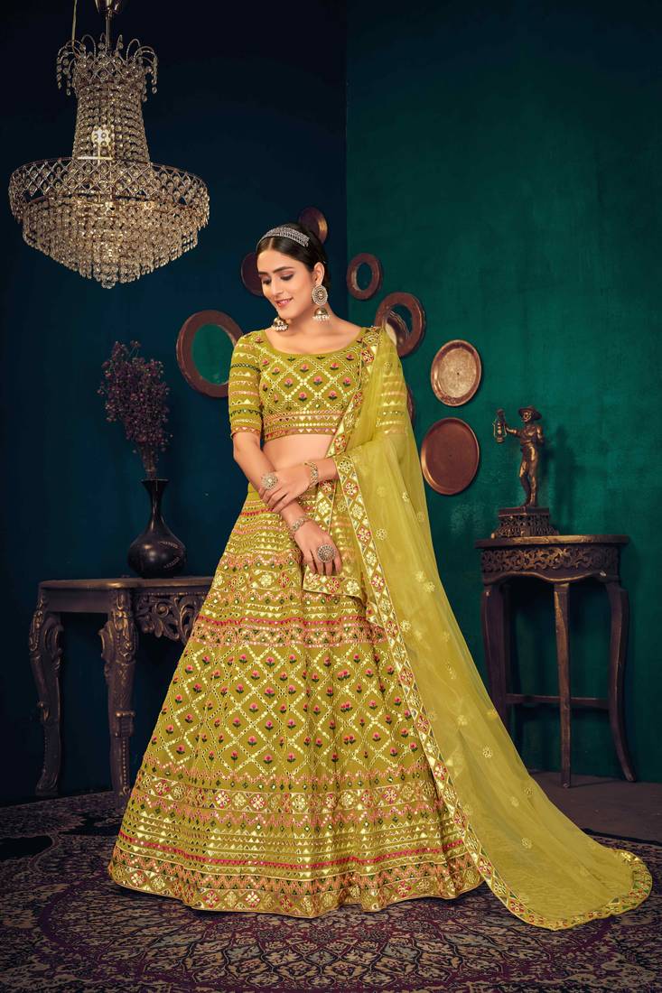 Lime Green Multi Thread With Gota Patti Embroidered Georgette Semi Stitched Lehenga