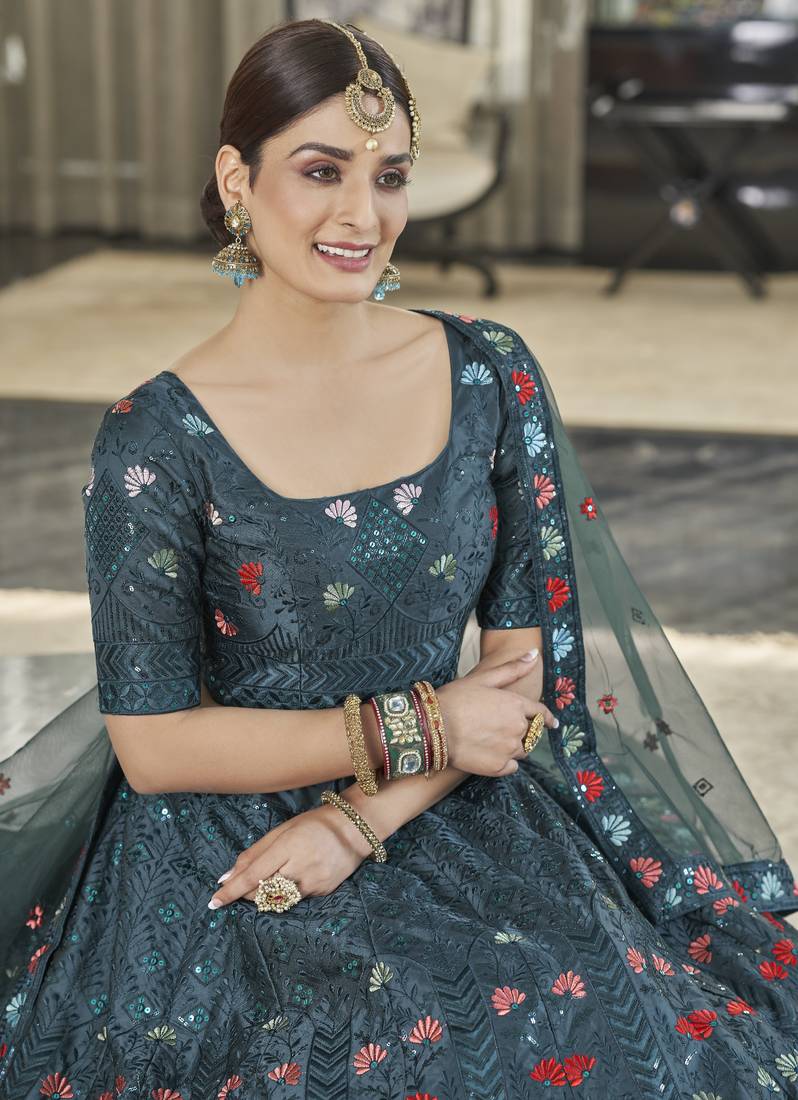 Teal Green Thread With Sequince Embroidered Silk Semi Stitched Party Wear Lehenga Choli