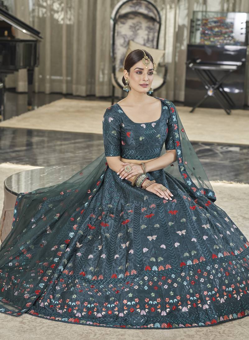 Teal Green Thread With Sequince Embroidered Silk Semi Stitched Party Wear Lehenga Choli