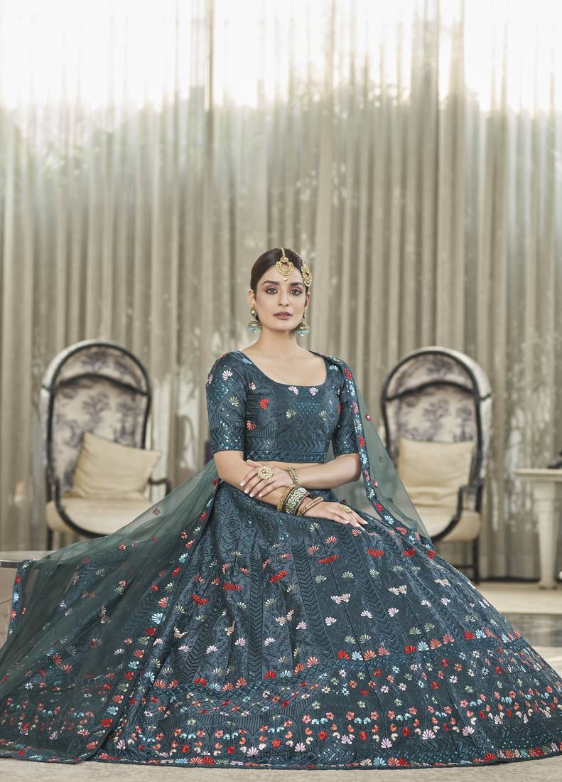 Teal Green Thread With Sequince Embroidered Silk Semi Stitched Party Wear Lehenga Choli
