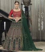 Green & Red Thread With Sequince Embroidered Silk Semi Stitched Party Wear Lehenga Choli
