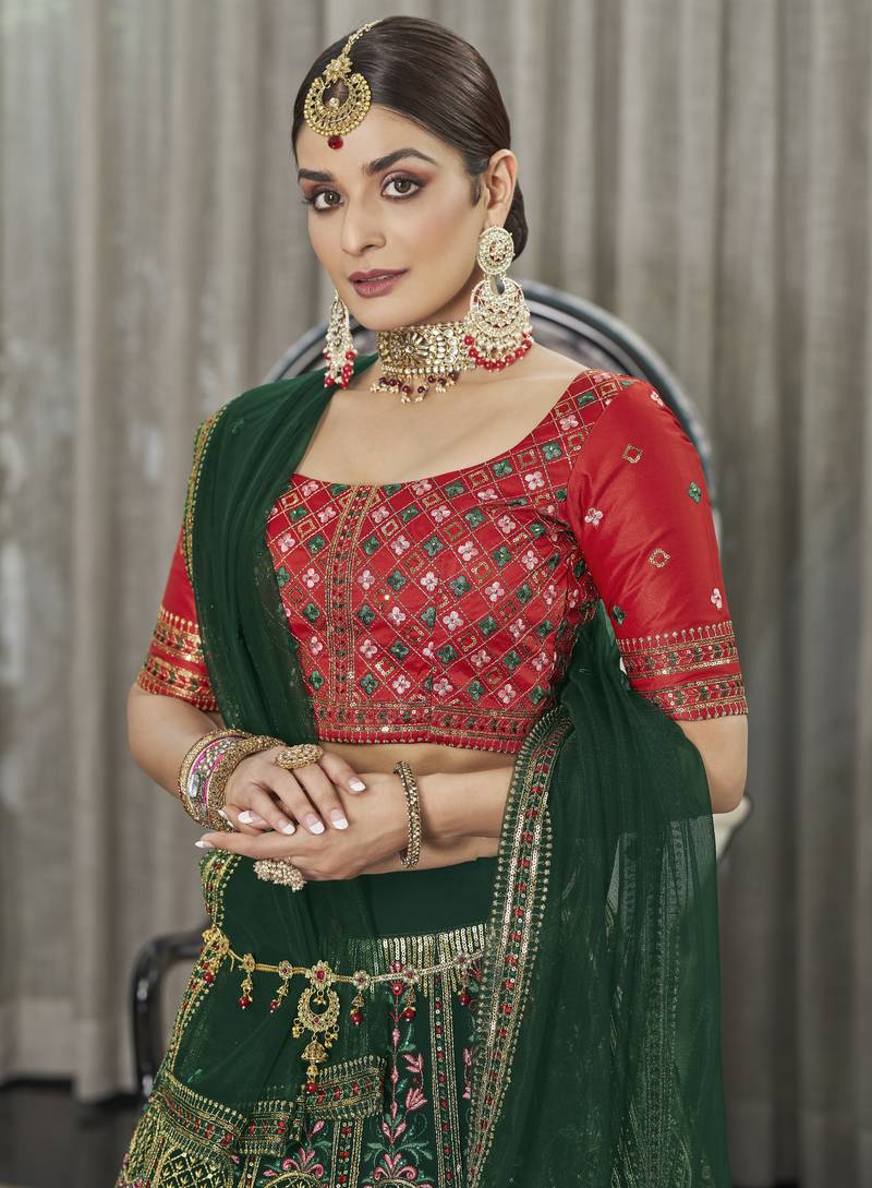 Green & Red Thread With Sequince Embroidered Silk Semi Stitched Party Wear Lehenga Choli