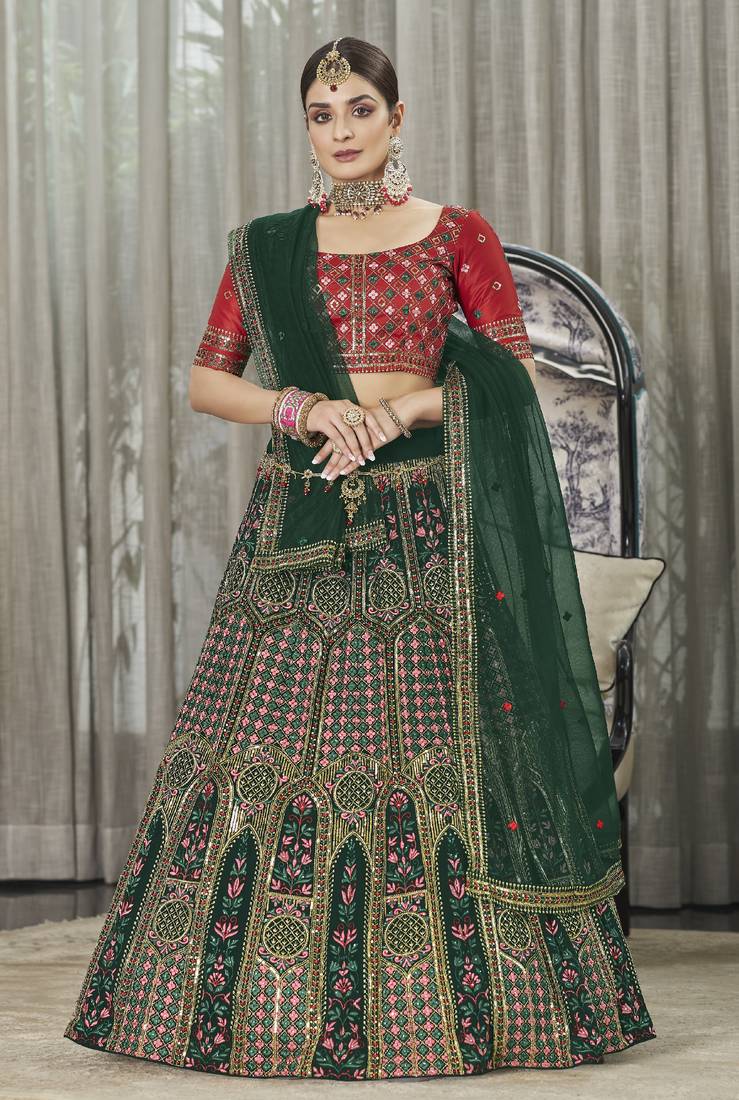 Green & Red Thread With Sequince Embroidered Silk Semi Stitched Party Wear Lehenga Choli