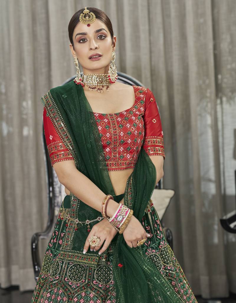 Green & Red Thread With Sequince Embroidered Silk Semi Stitched Party Wear Lehenga Choli