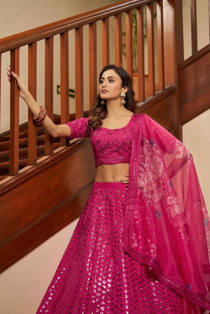 Deep Pink Thread With Sequins Embroidered Art Silk Bridal Lehenga Choli