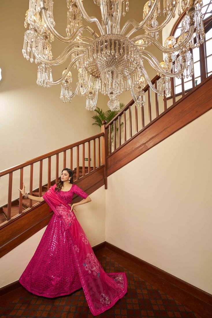 Deep Pink Thread With Sequins Embroidered Art Silk Bridal Lehenga Choli