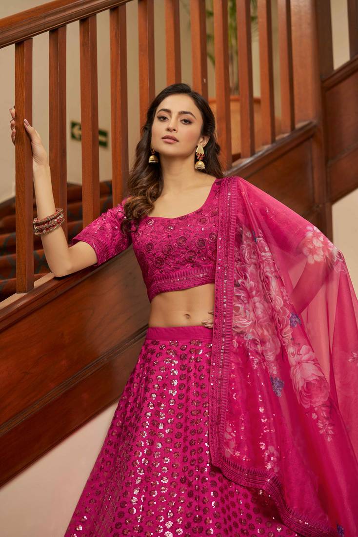 Deep Pink Thread With Sequins Embroidered Art Silk Bridal Lehenga Choli