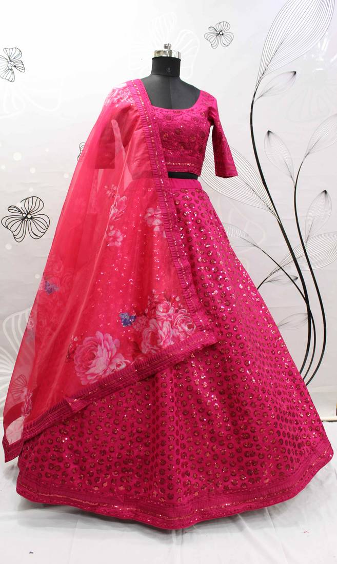 Deep Pink Thread With Sequins Embroidered Art Silk Bridal Lehenga Choli