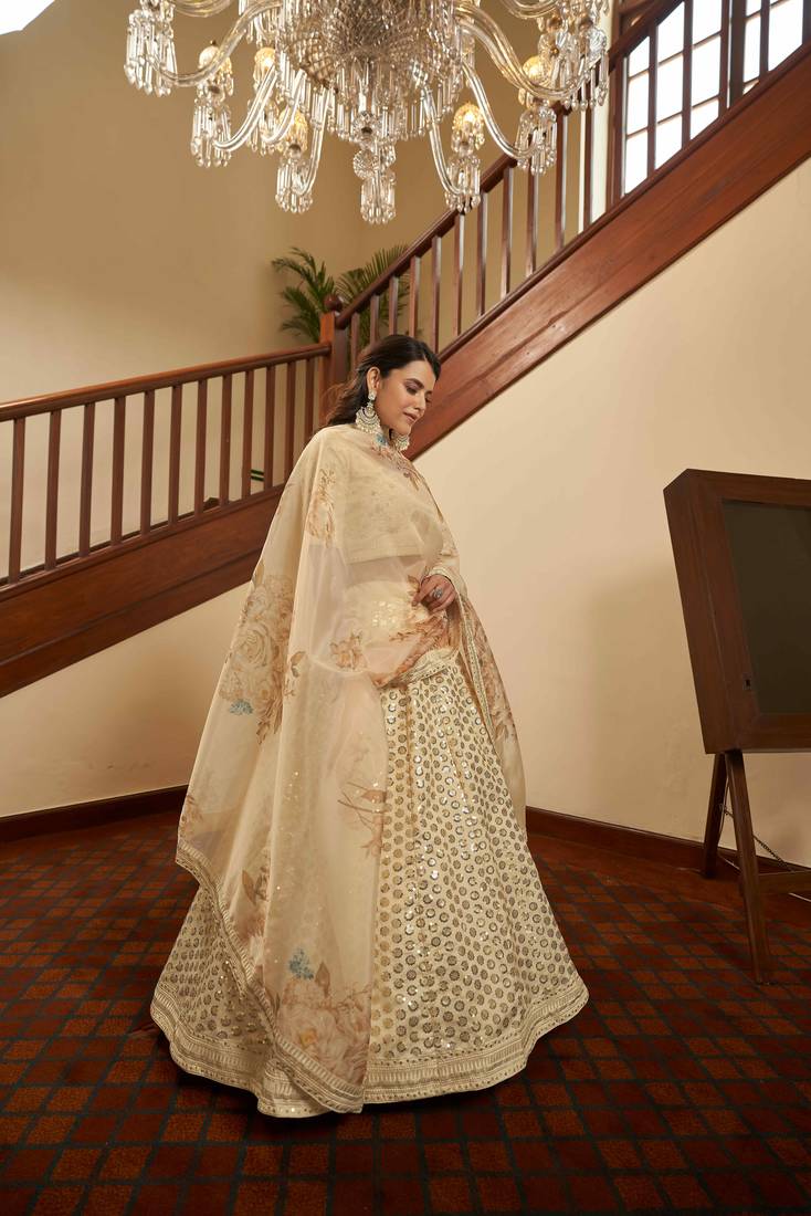 Beige Thread With Sequins Embroidered Art Silk Semi Stitched Wedding Lehenga For Bridal