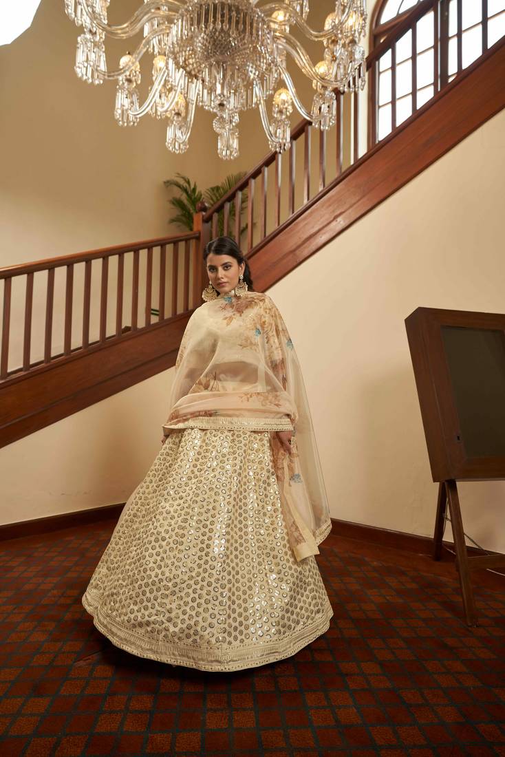 Beige Thread With Sequins Embroidered Art Silk Semi Stitched Wedding Lehenga For Bridal