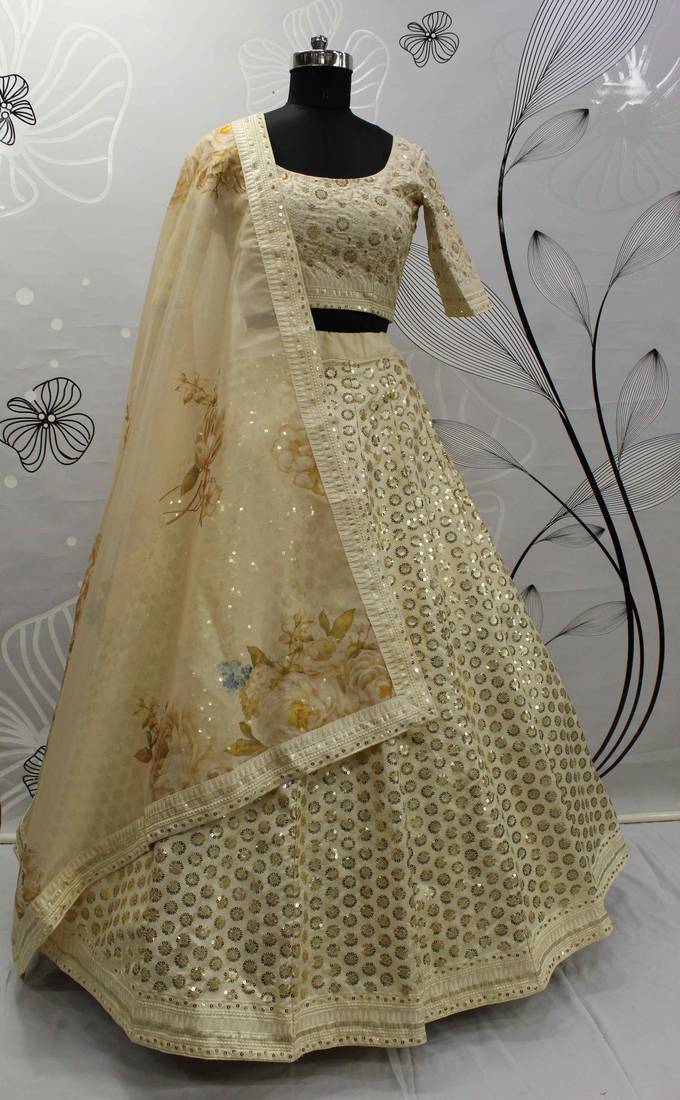 Beige Thread With Sequins Embroidered Art Silk Semi Stitched Wedding Lehenga For Bridal
