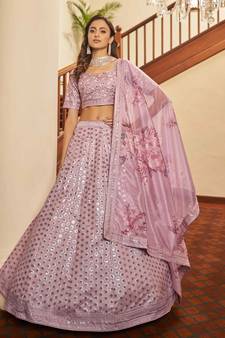 Careys Dusty Pink Thread With Sequins Embroidery Art Silk Wedding Lehenga Choli