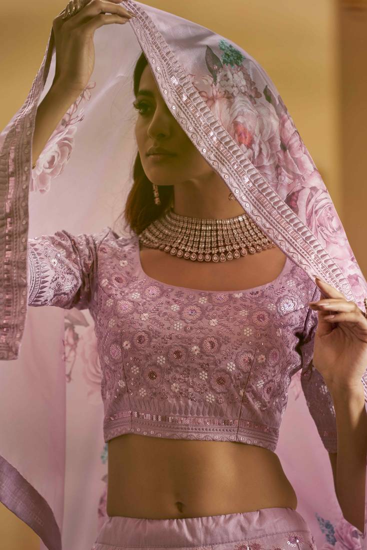 Careys Dusty Pink Thread With Sequins Embroidery Art Silk Wedding Lehenga Choli