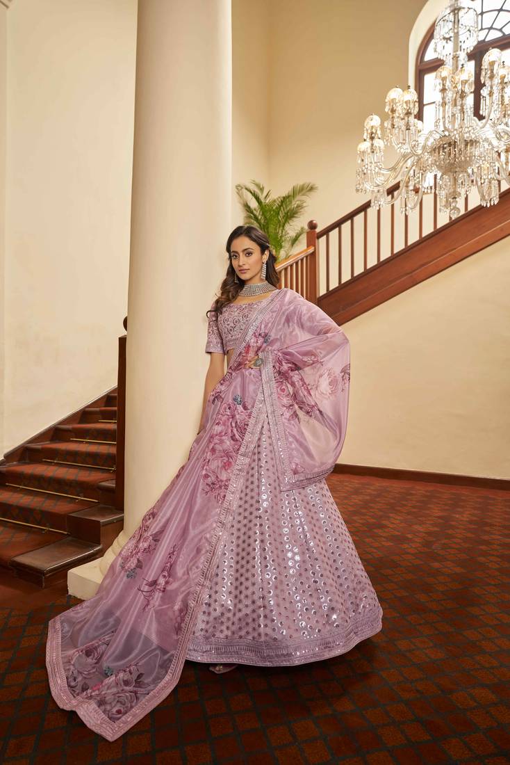 Careys Dusty Pink Thread With Sequins Embroidery Art Silk Wedding Lehenga Choli