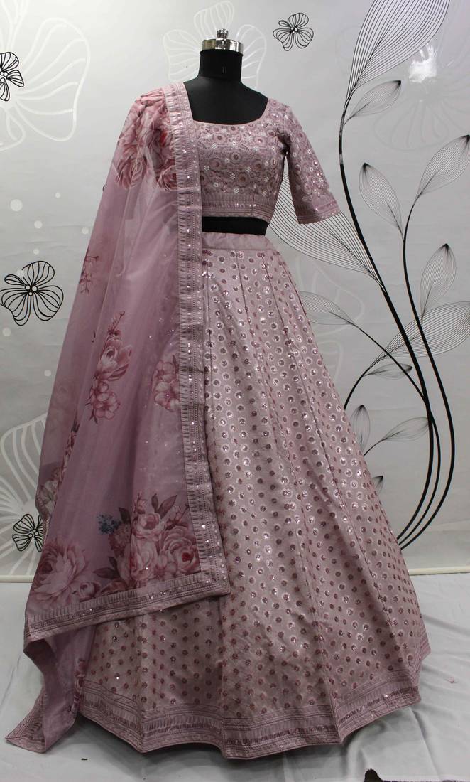 Careys Dusty Pink Thread With Sequins Embroidery Art Silk Wedding Lehenga Choli