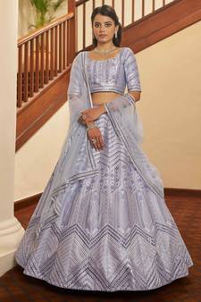Lavender Thread With Sequins Embroidered Silk Bridal Lehenga Choli