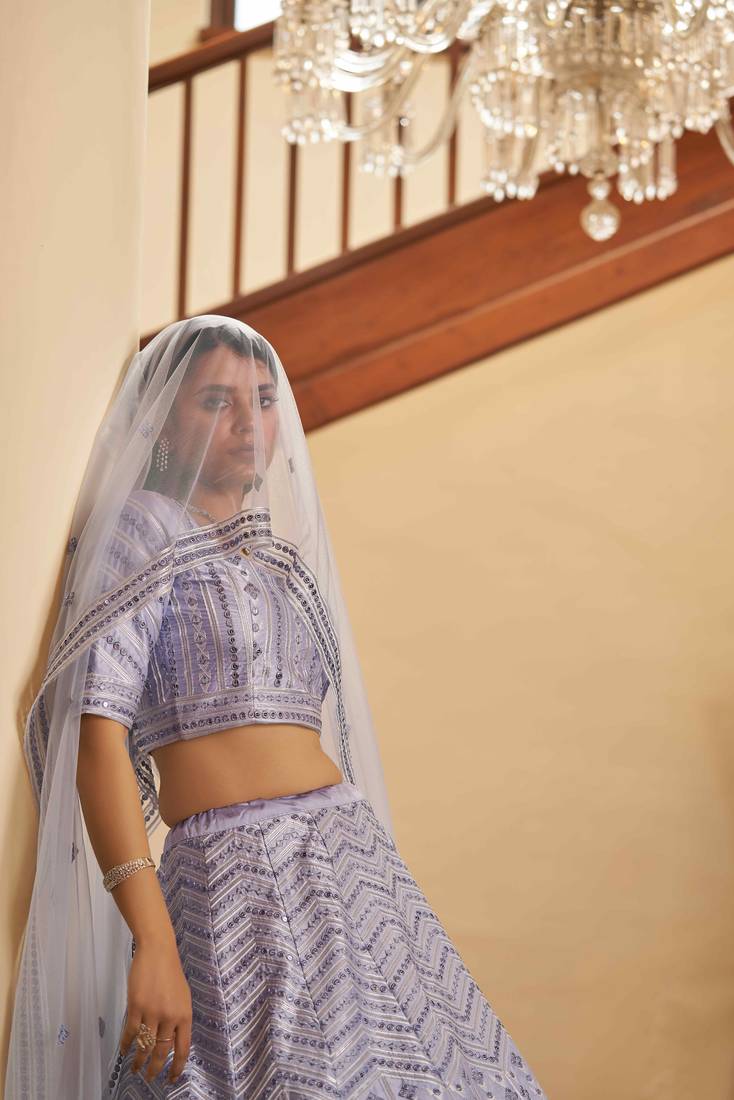 Lavender Thread With Sequins Embroidered Silk Bridal Lehenga Choli