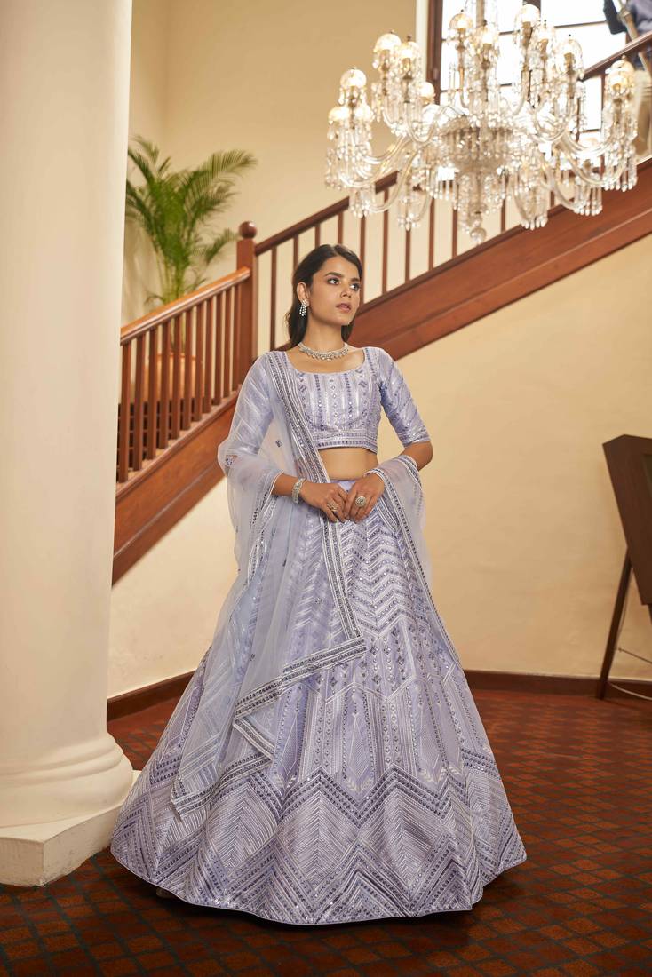 Lavender Thread With Sequins Embroidered Silk Bridal Lehenga Choli