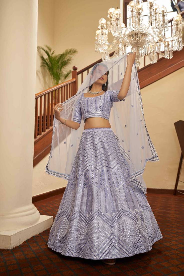Lavender Thread With Sequins Embroidered Silk Bridal Lehenga Choli