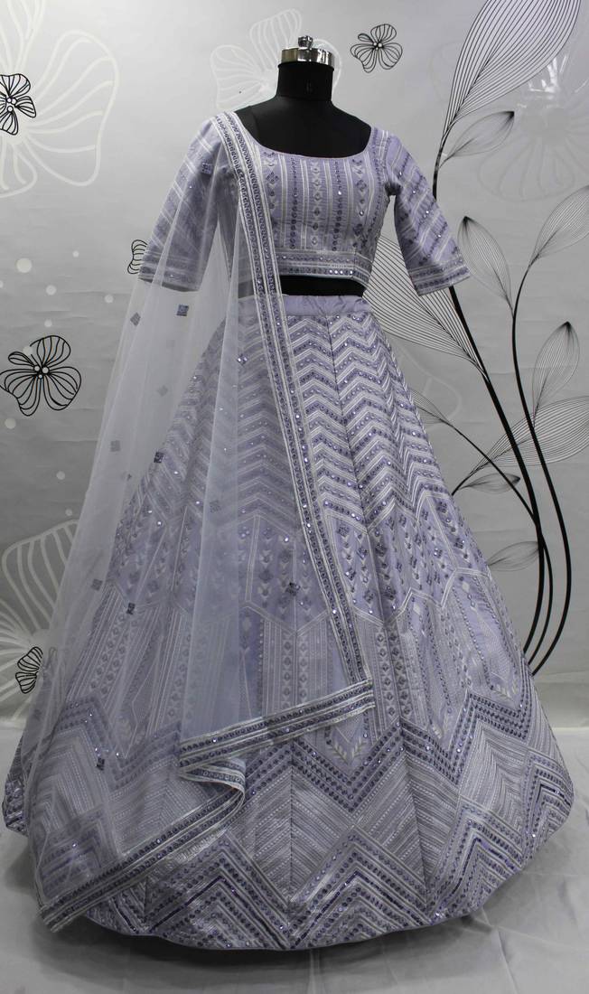 Lavender Thread With Sequins Embroidered Silk Bridal Lehenga Choli