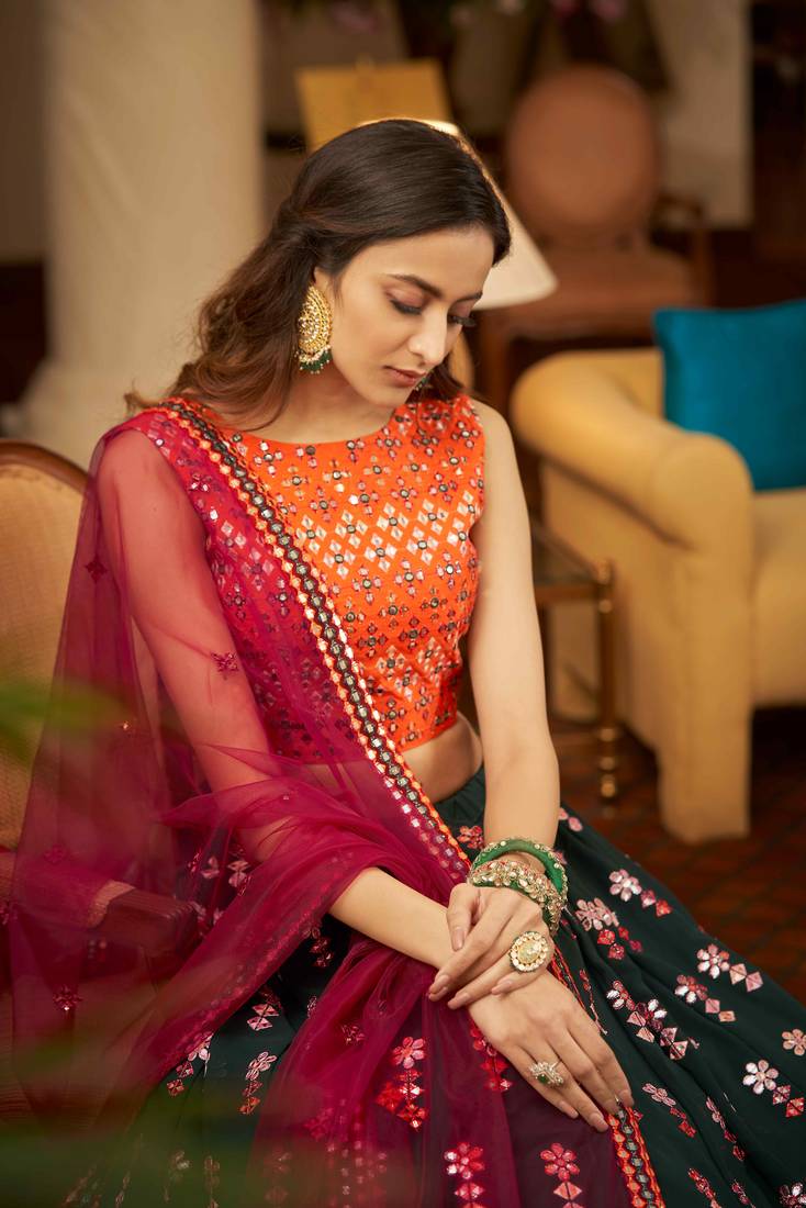 Captivating Green Gotta Patti With Thread Embroidered Georgette Semi Stitched Bridal Lehenga