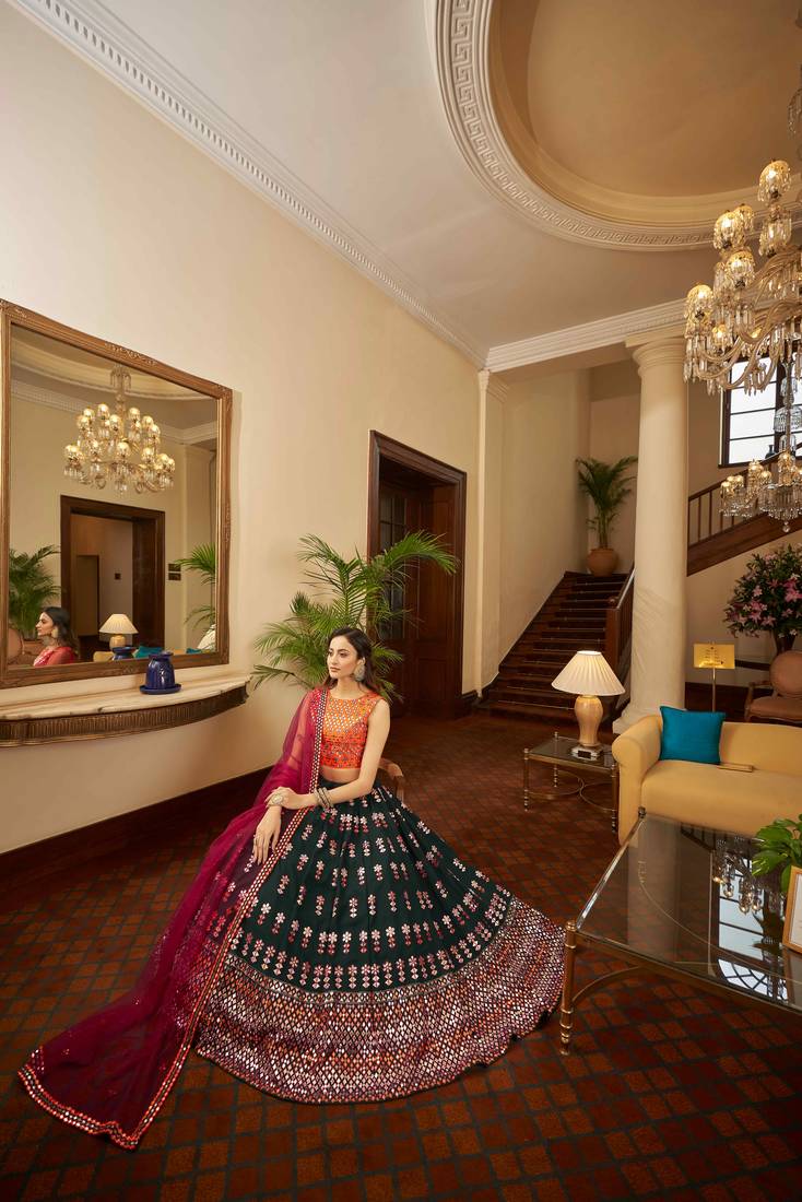 Captivating Green Gotta Patti With Thread Embroidered Georgette Semi Stitched Bridal Lehenga