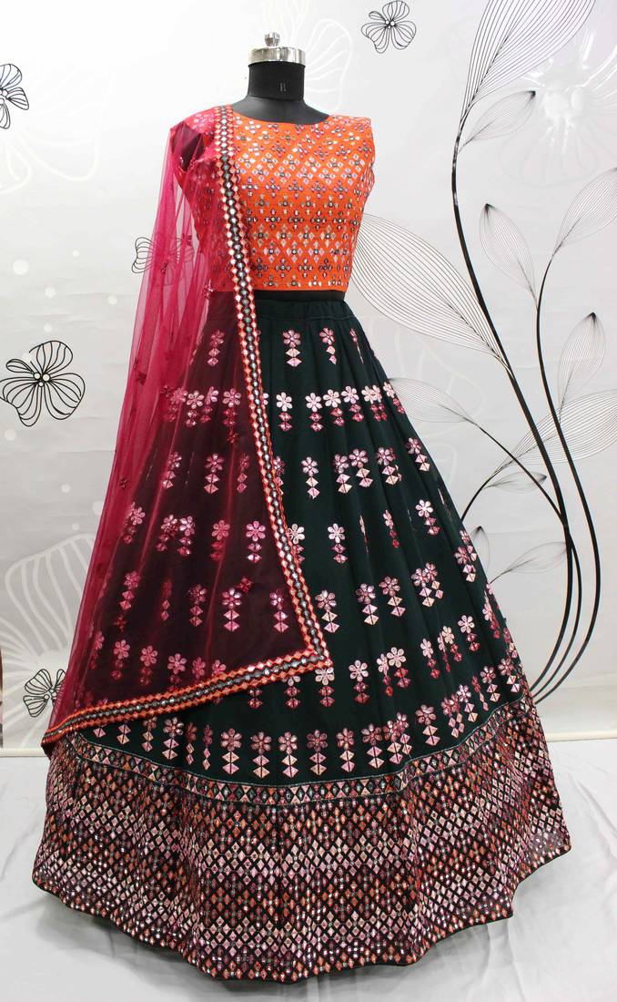 Captivating Green Gotta Patti With Thread Embroidered Georgette Semi Stitched Bridal Lehenga