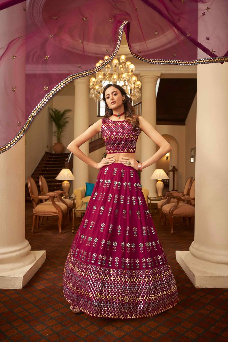 Eye Catching Deep Pink Gotta Patti With Thread Embroidered Georgette Semi Stitched Bridal Lehenga