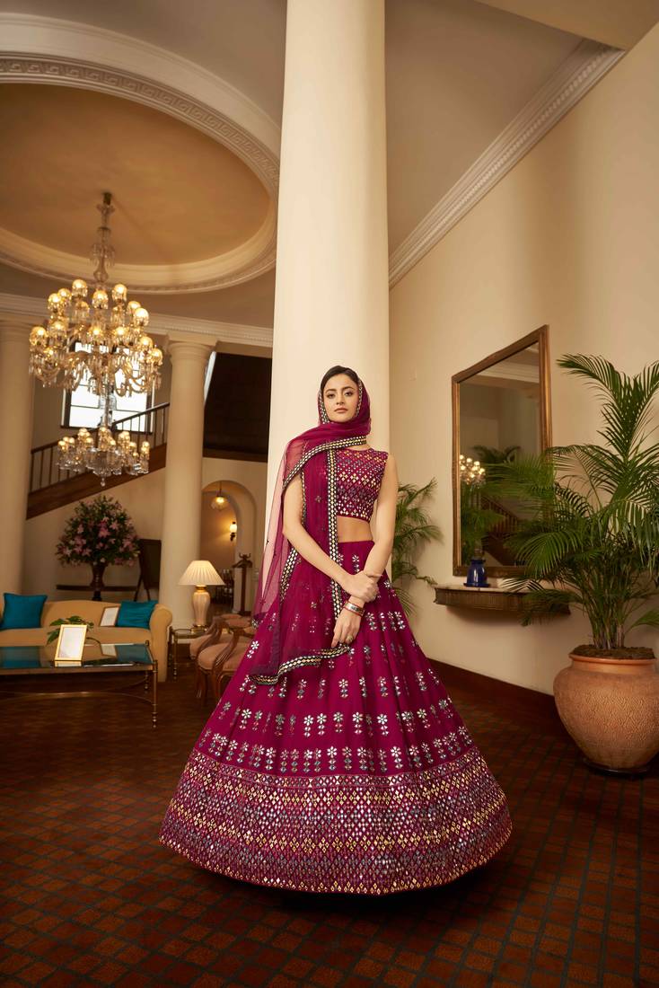 Eye Catching Deep Pink Gotta Patti With Thread Embroidered Georgette Semi Stitched Bridal Lehenga