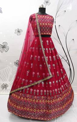 Eye Catching Deep Pink Gotta Patti With Thread Embroidered Georgette Semi Stitched Bridal Lehenga 5