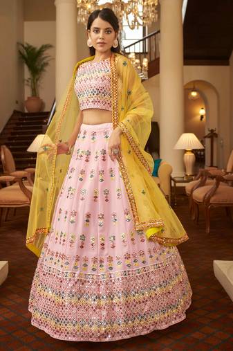 Glamorous Pink Gotta Patti With Thread Embroidered Georgette Semi Stitched Bridal Lehenga