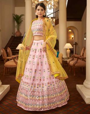 Glamorous Pink Gotta Patti With Thread Embroidered Georgette Semi Stitched Bridal Lehenga 1