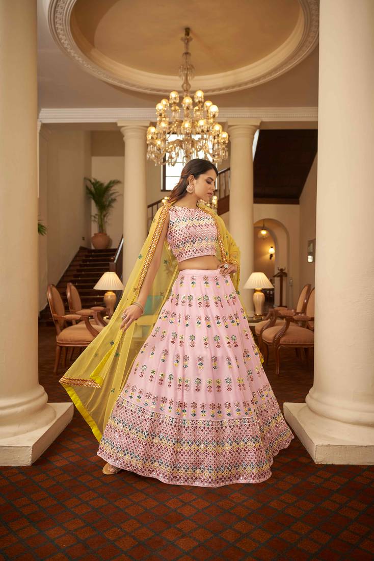 Glamorous Pink Gotta Patti With Thread Embroidered Georgette Semi Stitched Bridal Lehenga