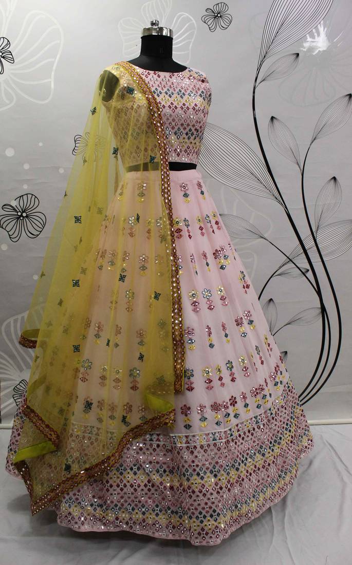Glamorous Pink Gotta Patti With Thread Embroidered Georgette Semi Stitched Bridal Lehenga