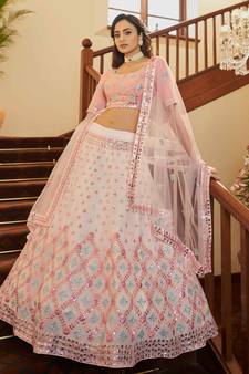 Pearl White Gota, Thread And Sequins Embroidered Georgette Semi Stitched Lehenga