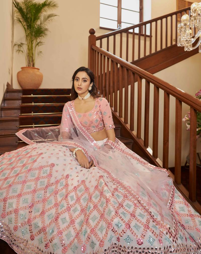 Pearl White Gota, Thread And Sequins Embroidered Georgette Semi Stitched Lehenga