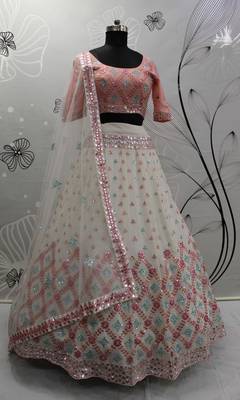 Pearl White Gota, Thread And Sequins Embroidered Georgette Semi Stitched Lehenga 5