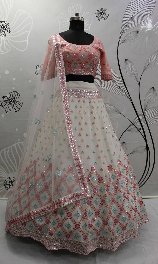 Pearl White Gota, Thread And Sequins Embroidered Georgette Semi Stitched Lehenga