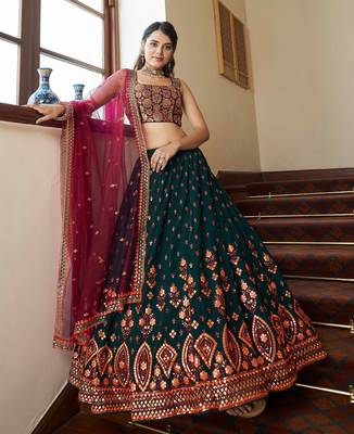 Green & Deep Pink Gotta Patti With Thread And Sequins Embroidered Georgette Semi Stitched Lehenga 2