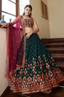 Green & Deep Pink Gotta Patti With Thread And Sequins Embroidered Georgette Semi Stitched Lehenga